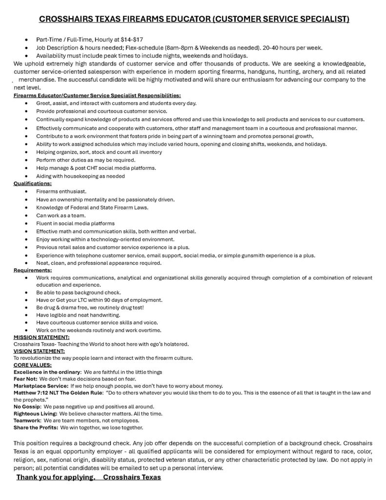 CROSSHAIRS TEXAS FIREARMS EDUCATOR (CUSTOMER SERVICE SPECIALIST)